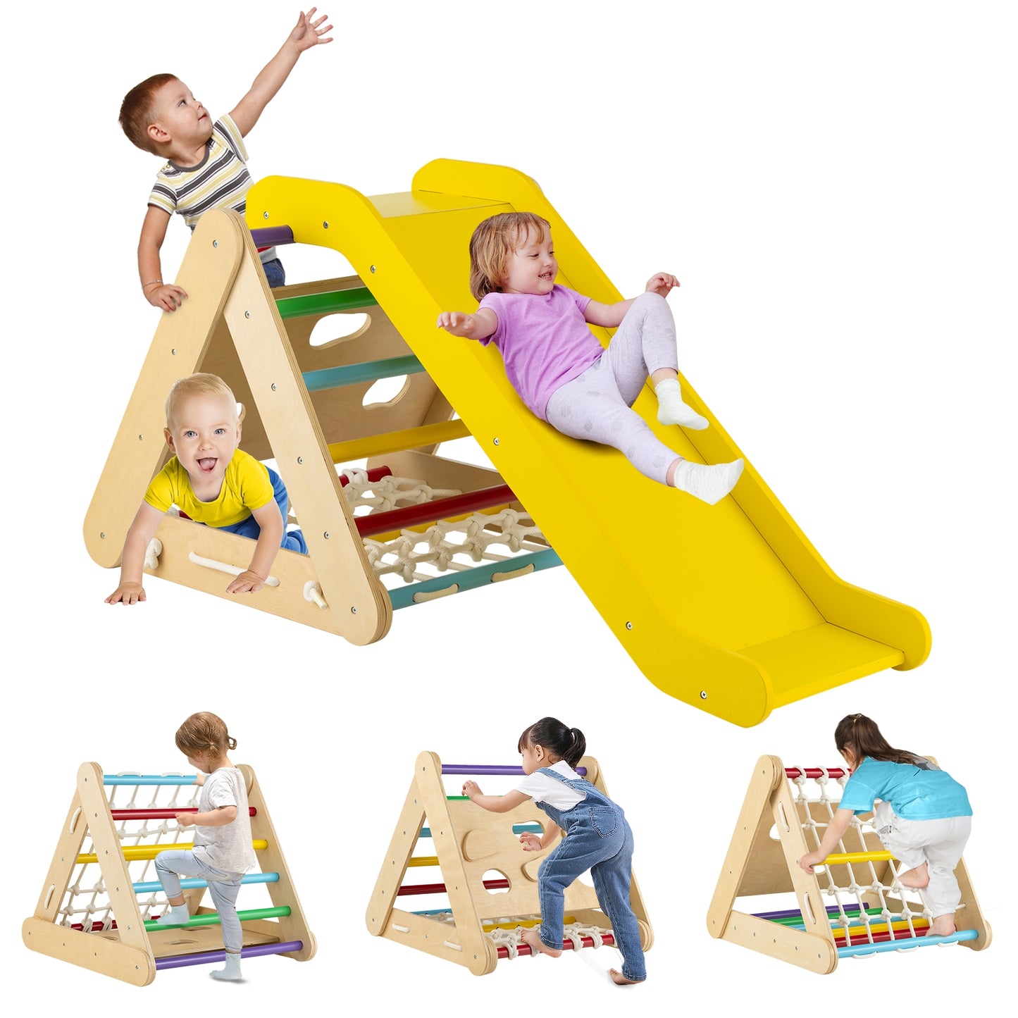 4 in 1 Triangle Climber Toy with Sliding Board and Climbing Net-Multicolor Kids Crystal