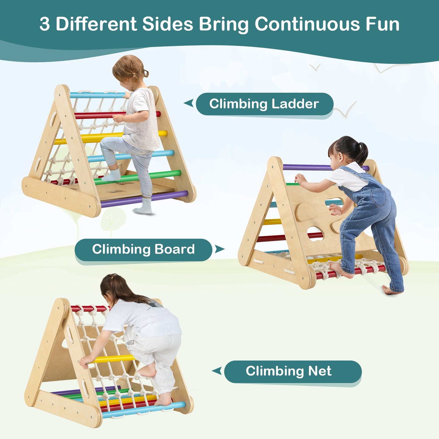 4 in 1 Triangle Climber Toy with Sliding Board and Climbing Net-Multicolor Kids Crystal