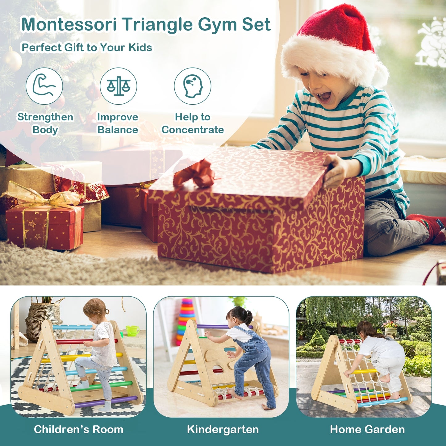 4 in 1 Triangle Climber Toy with Sliding Board and Climbing Net-Multicolor Kids Crystal