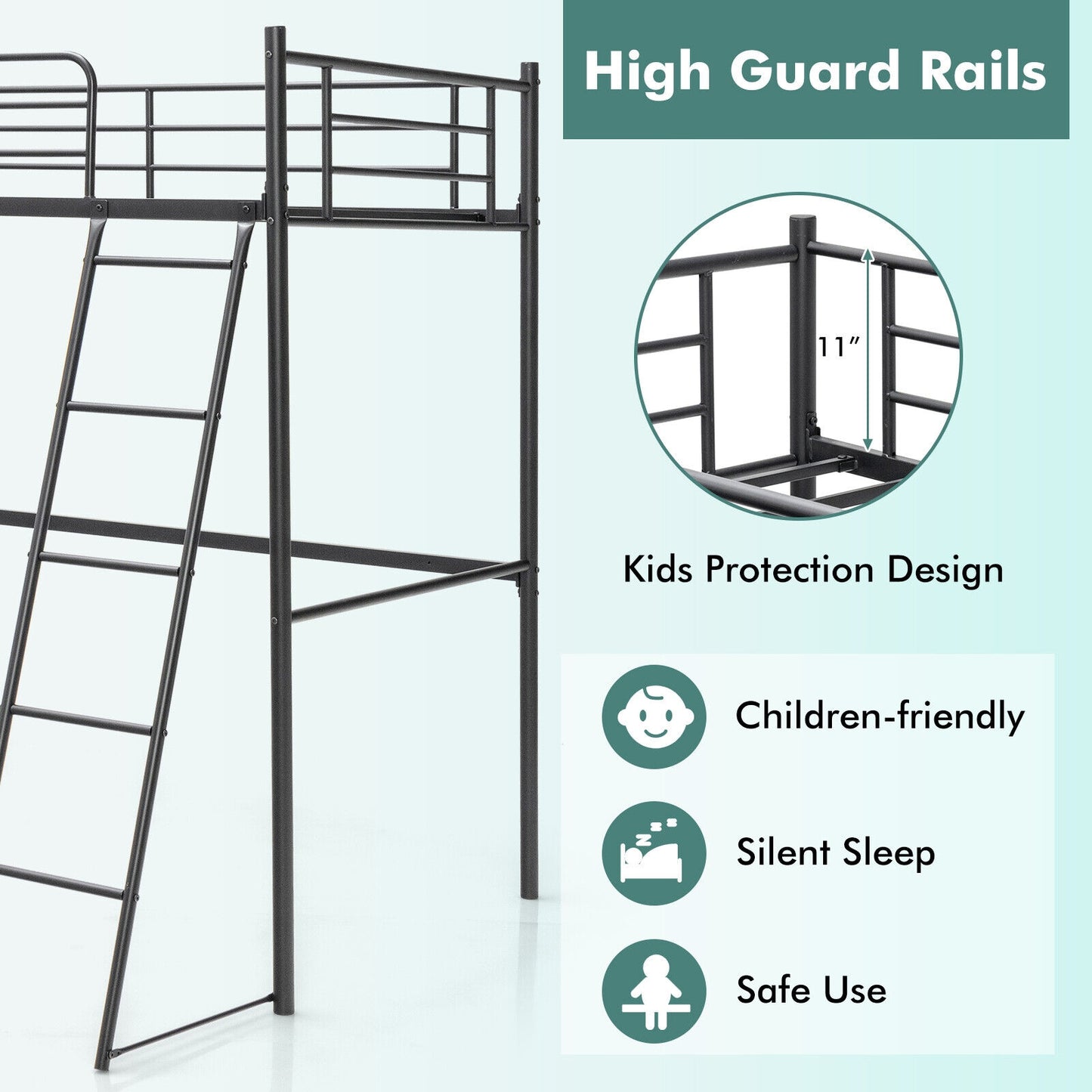 Twin Metal Loft Bed with Ladderand High Guard Rails-Black Kids Crystal