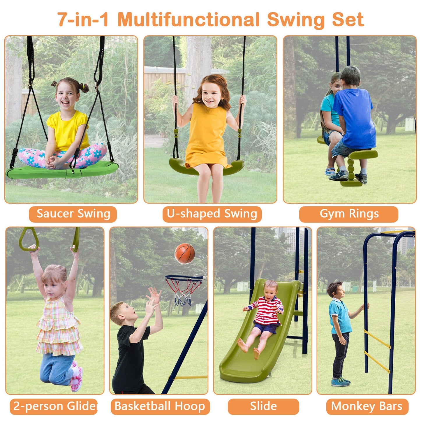 7-in-1 Stable A-shaped Outdoor Swing Set for Backyard Kids Crystal