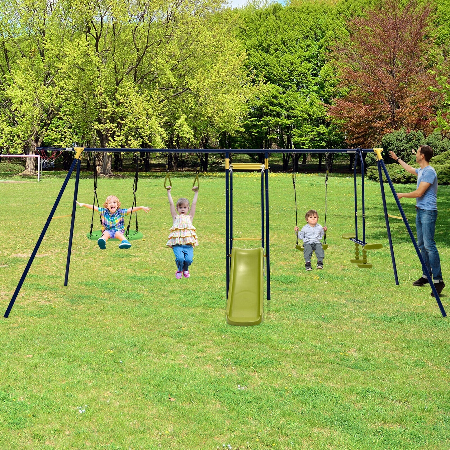 7-in-1 Stable A-shaped Outdoor Swing Set for Backyard Kids Crystal