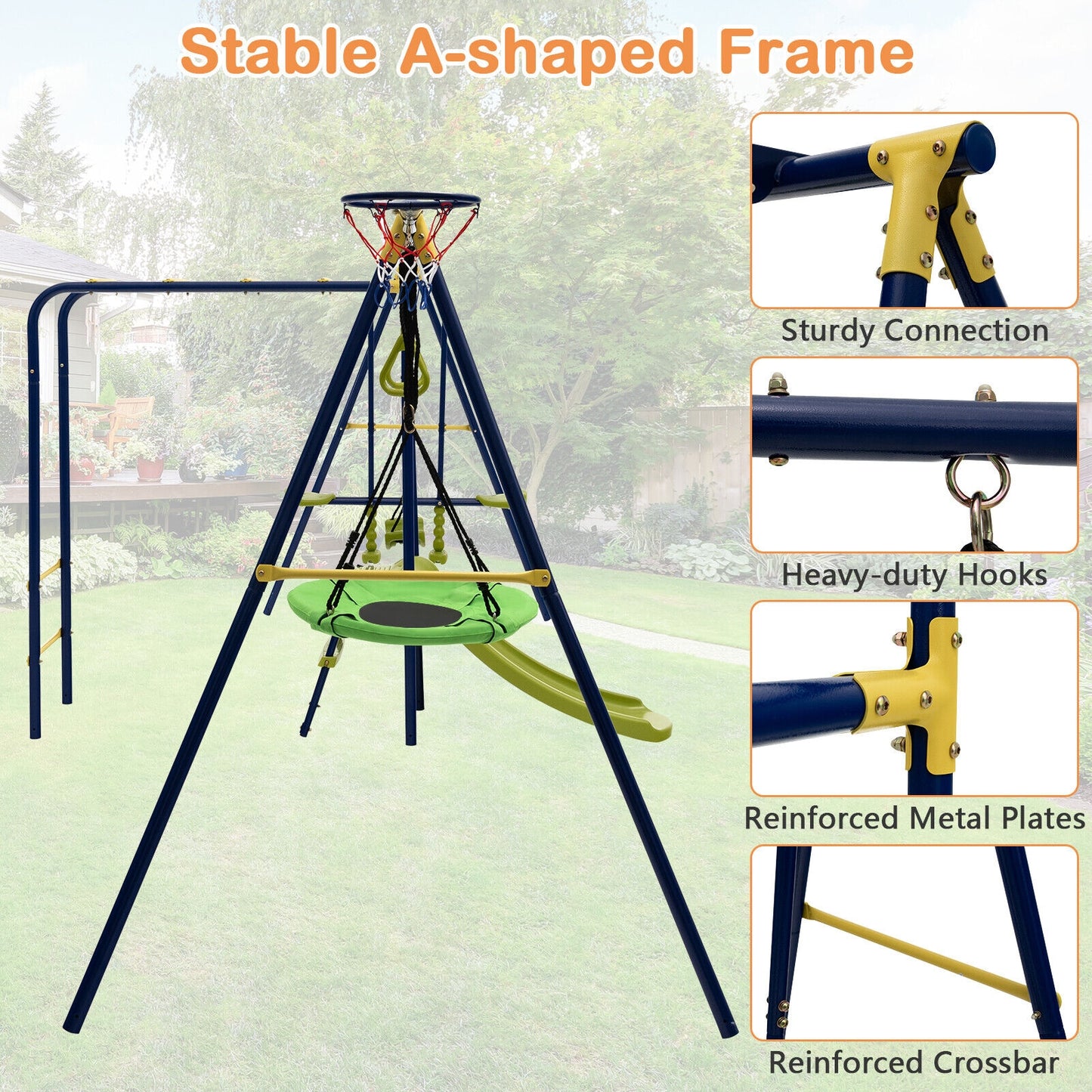 7-in-1 Stable A-shaped Outdoor Swing Set for Backyard Kids Crystal