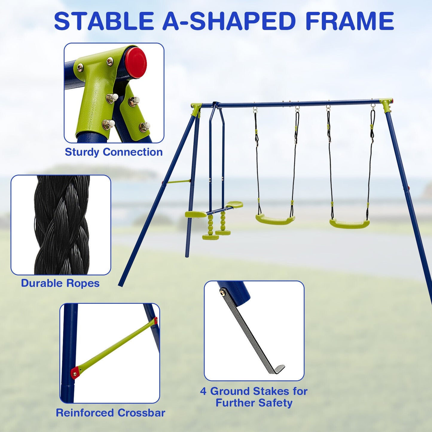 440 Pounds Kids Swing Set with Two Swings and One Glider Kids Crystal
