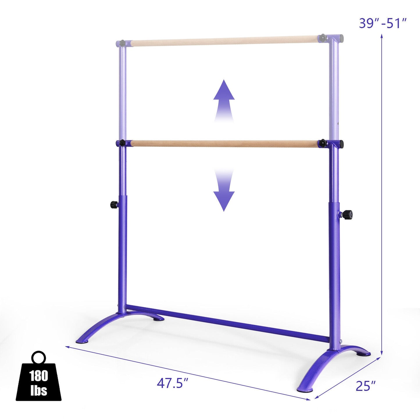 51 Inch Ballet Barre Bar with 4-Position Adjustable Height-Purple Kids Crystal