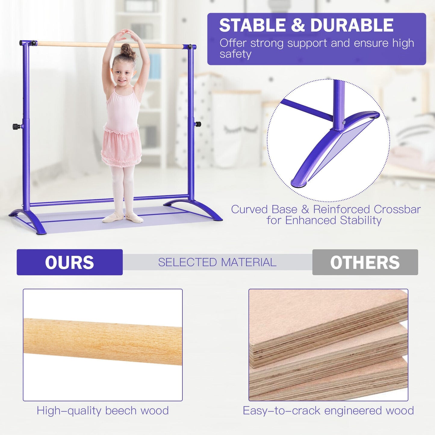 51 Inch Ballet Barre Bar with 4-Position Adjustable Height-Purple Kids Crystal