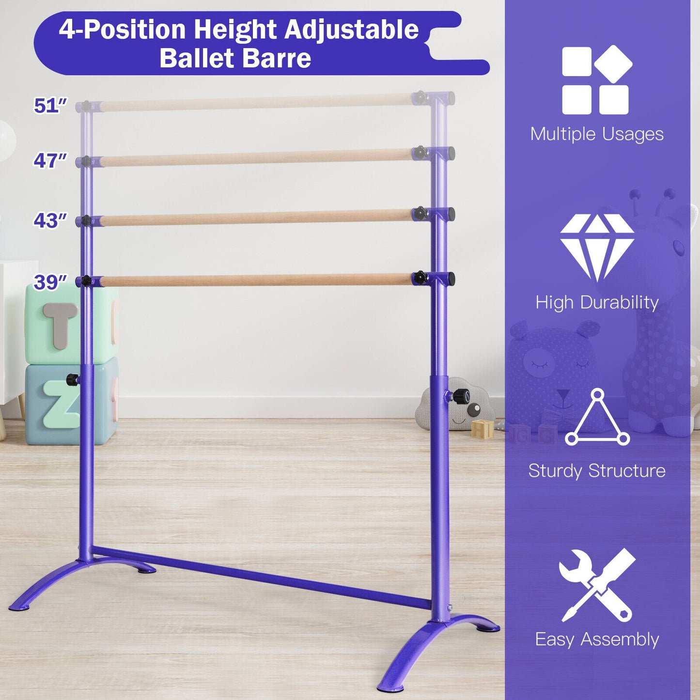 51 Inch Ballet Barre Bar with 4-Position Adjustable Height-Purple Kids Crystal