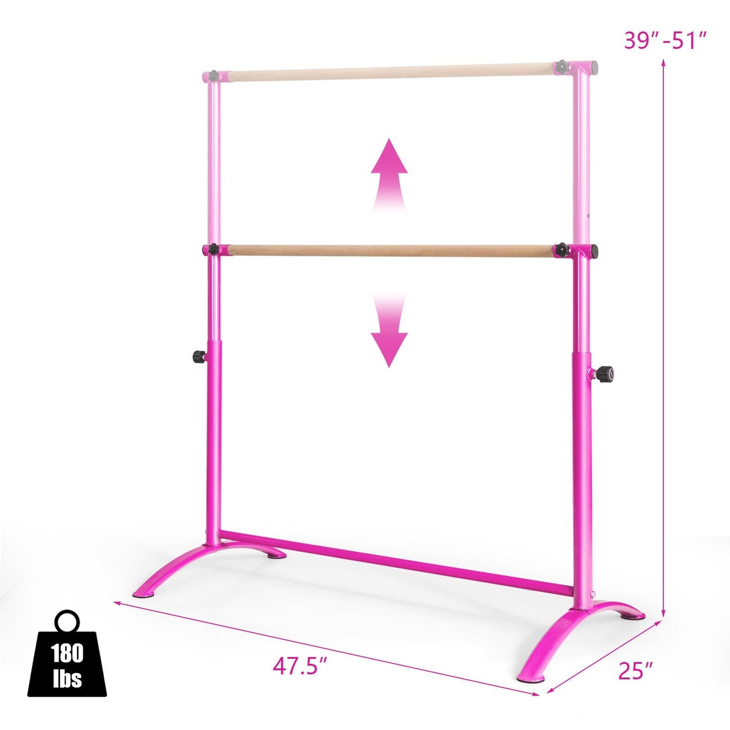 51 Inch Ballet Barre Bar with 4-Position Adjustable Height-Pink Kids Crystal