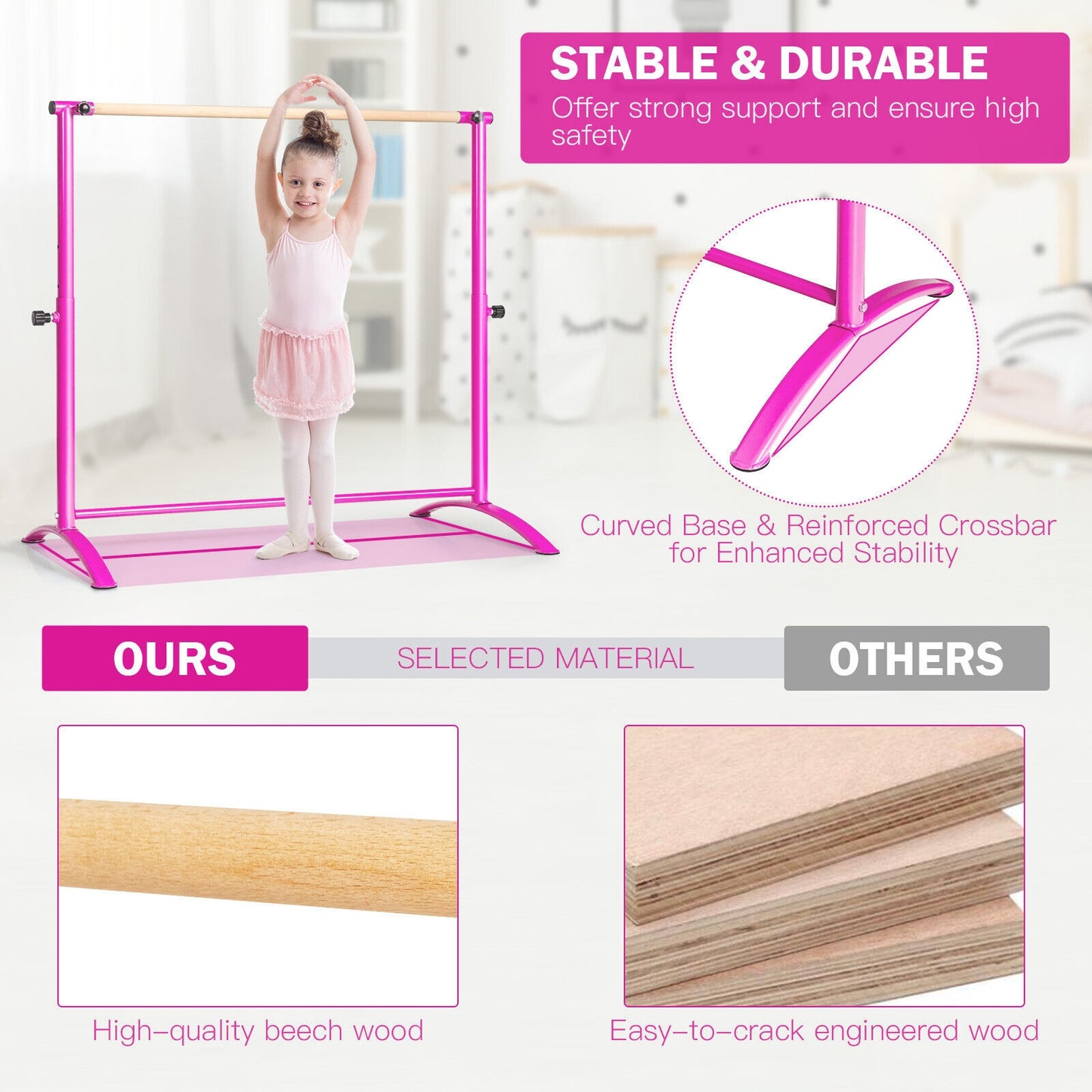 51 Inch Ballet Barre Bar with 4-Position Adjustable Height-Pink Kids Crystal