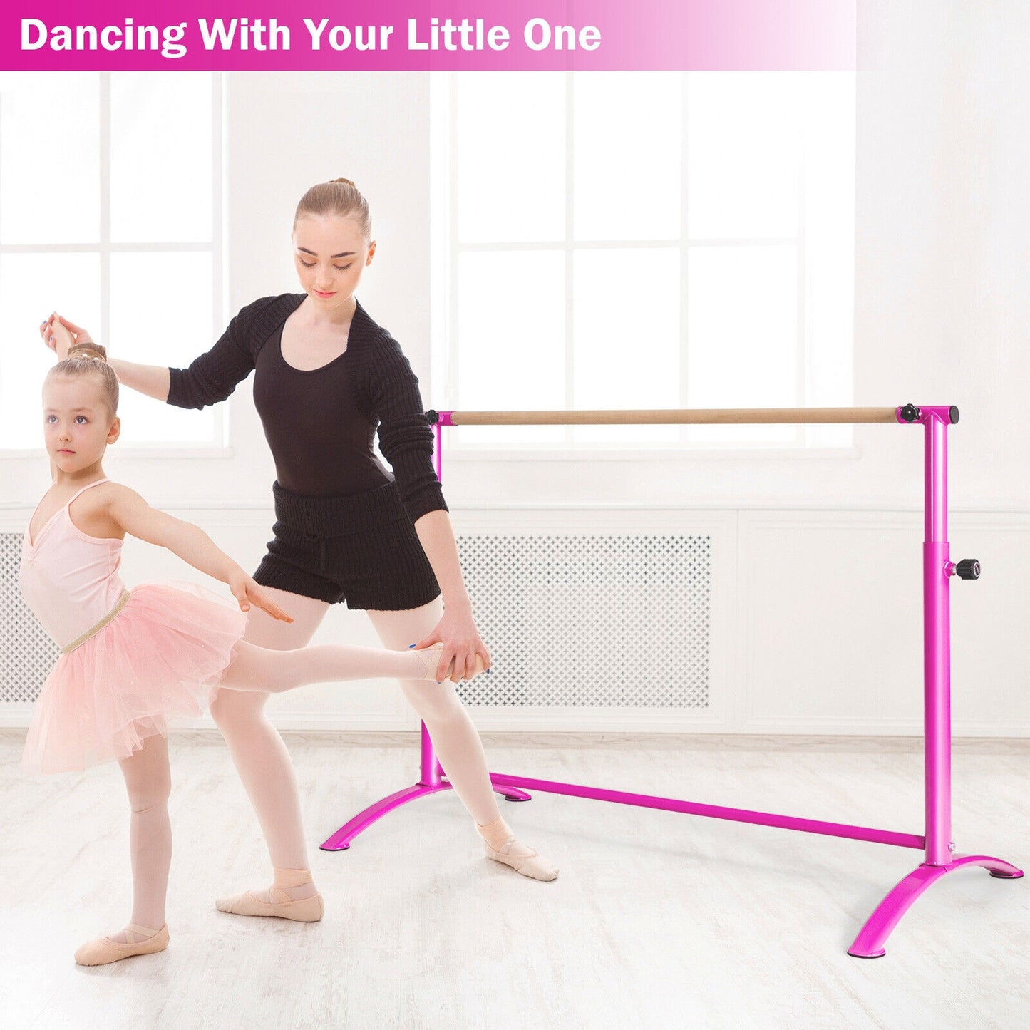51 Inch Ballet Barre Bar with 4-Position Adjustable Height-Pink Kids Crystal