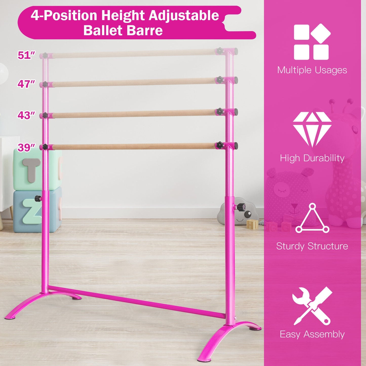 51 Inch Ballet Barre Bar with 4-Position Adjustable Height-Pink Kids Crystal