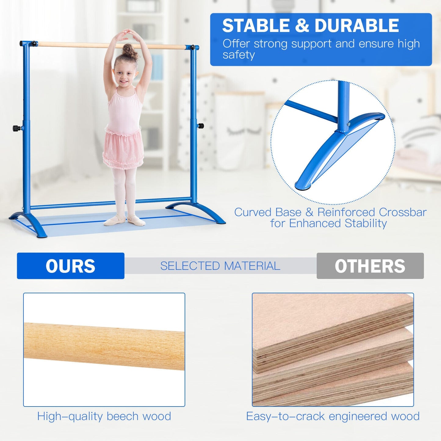 51 Inch Ballet Barre Bar with 4-Position Adjustable Height-Blue Kids Crystal
