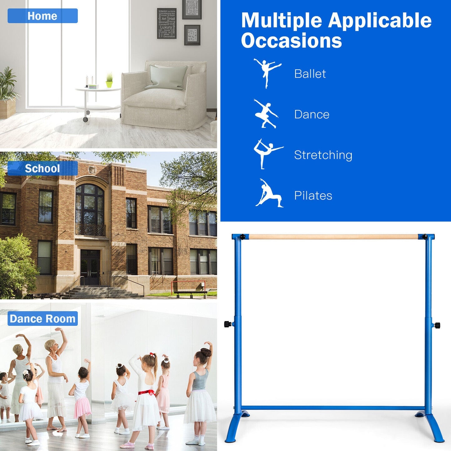 51 Inch Ballet Barre Bar with 4-Position Adjustable Height-Blue Kids Crystal