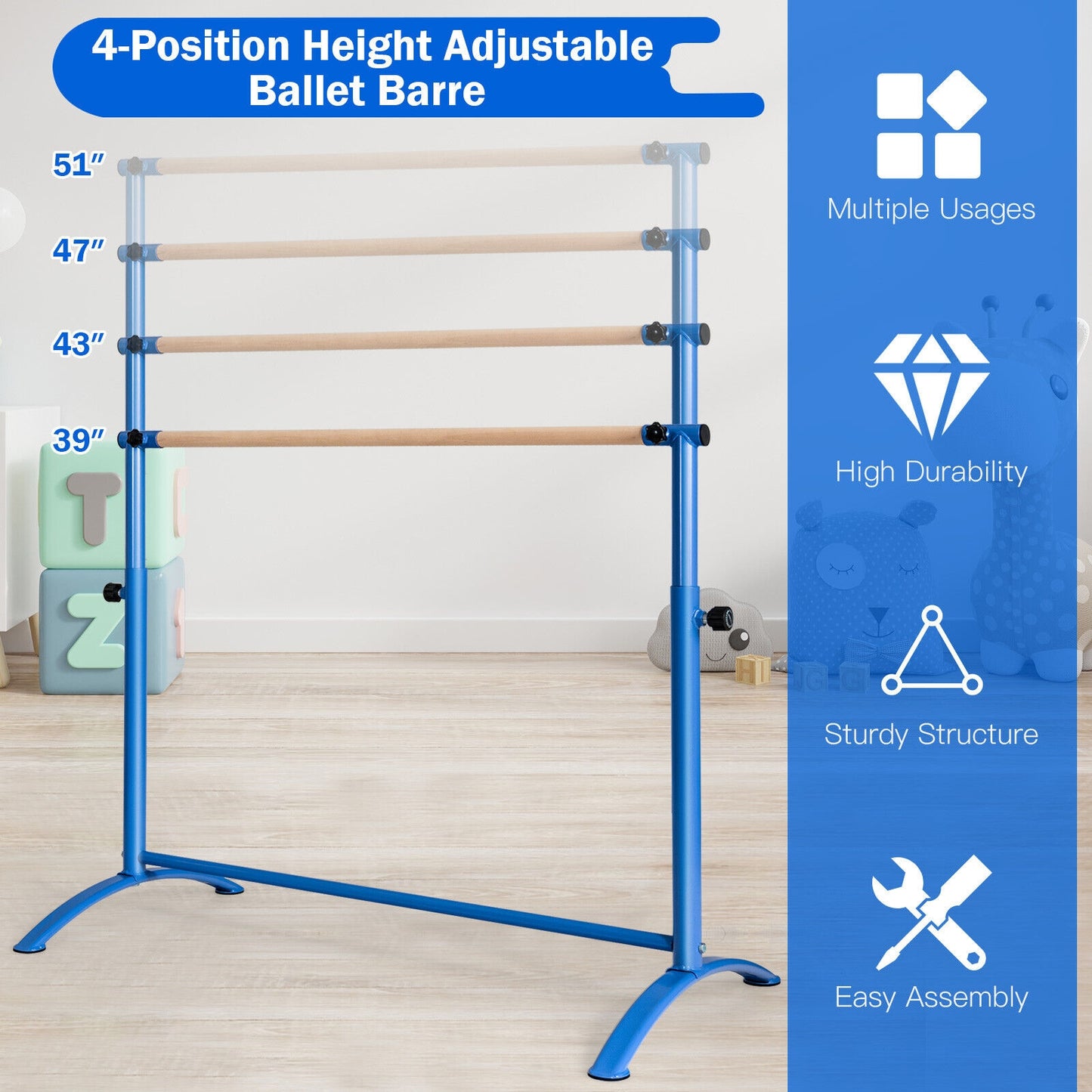 51 Inch Ballet Barre Bar with 4-Position Adjustable Height-Blue Kids Crystal