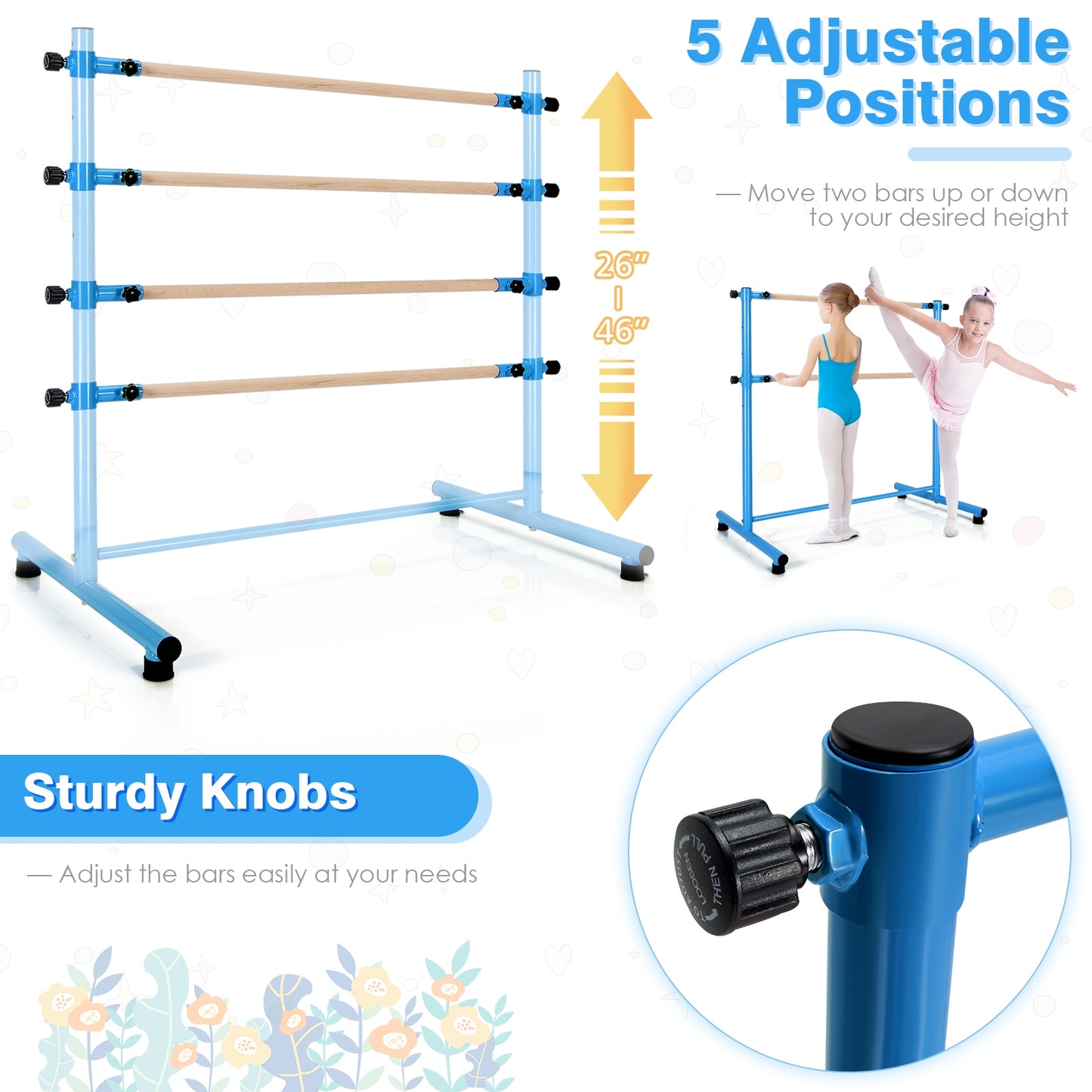47 Inch Double Ballet Barre with Anti-Slip Footpads-Blue Kids Crystal