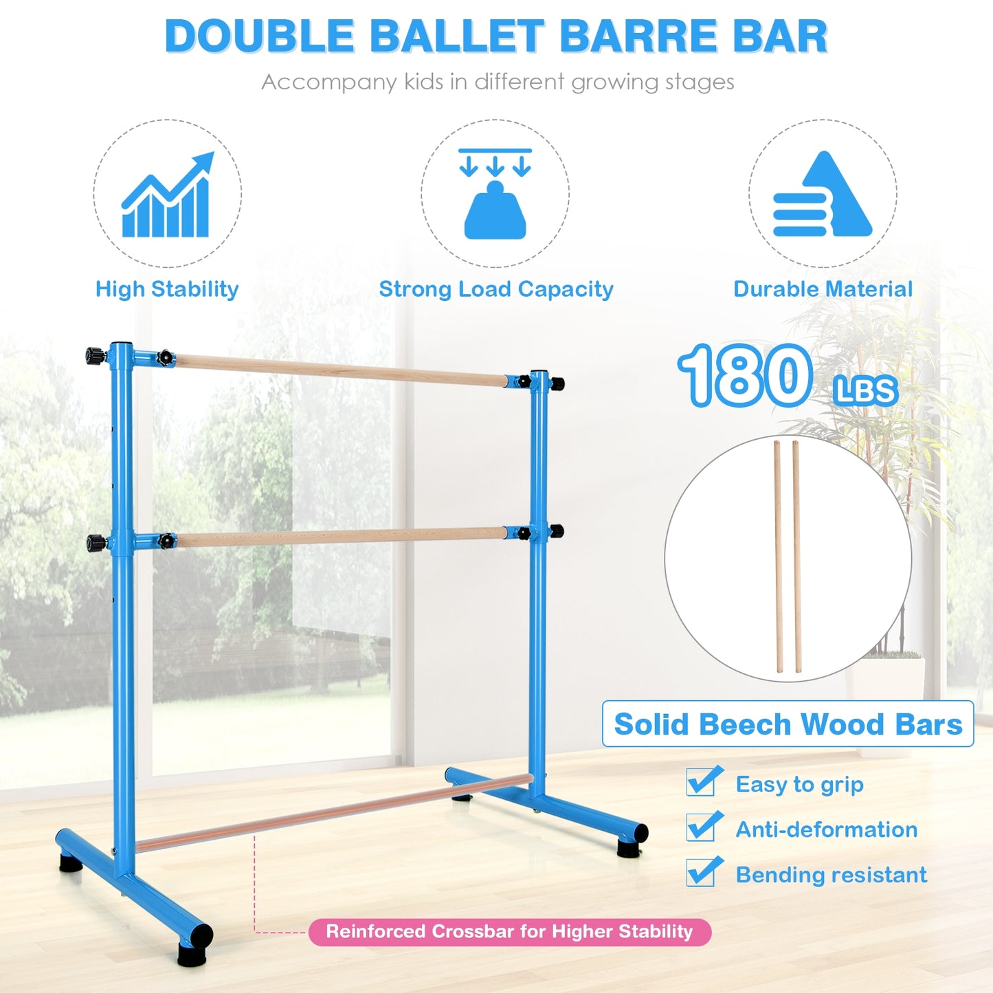 47 Inch Double Ballet Barre with Anti-Slip Footpads-Blue Kids Crystal