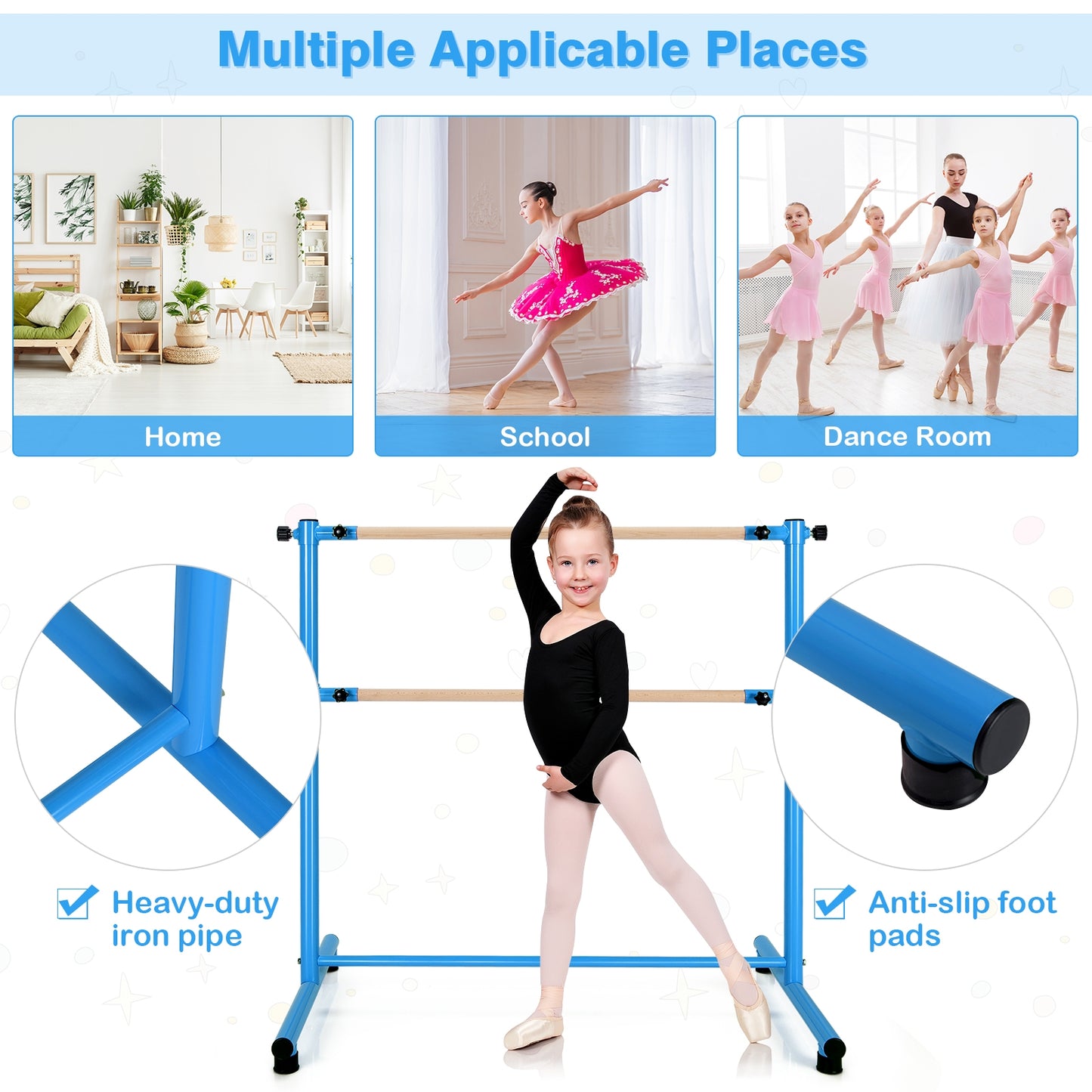 47 Inch Double Ballet Barre with Anti-Slip Footpads-Blue Kids Crystal