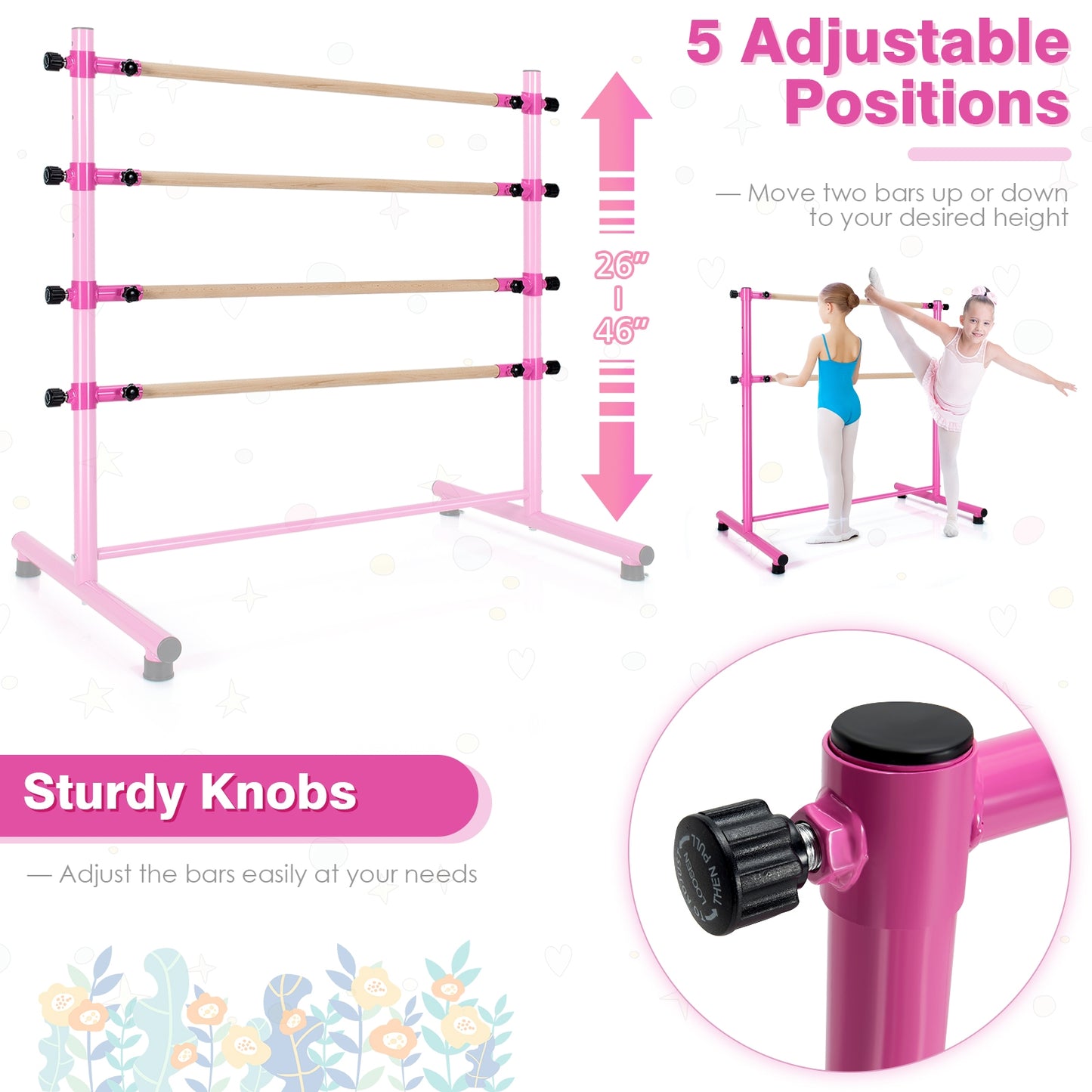 47 Inch Double Ballet Barre with Anti-Slip Footpads-Pink Kids Crystal