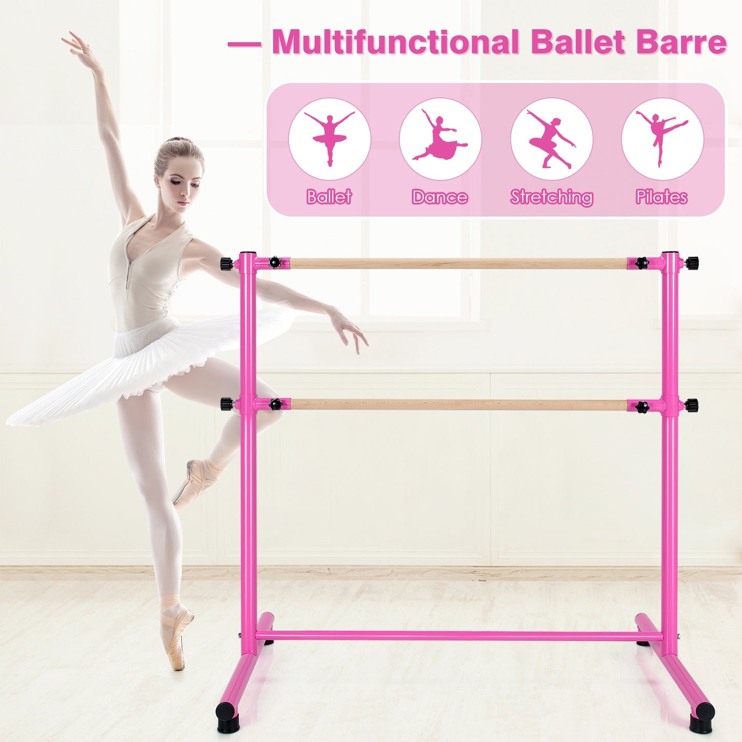 47 Inch Double Ballet Barre with Anti-Slip Footpads-Pink Kids Crystal