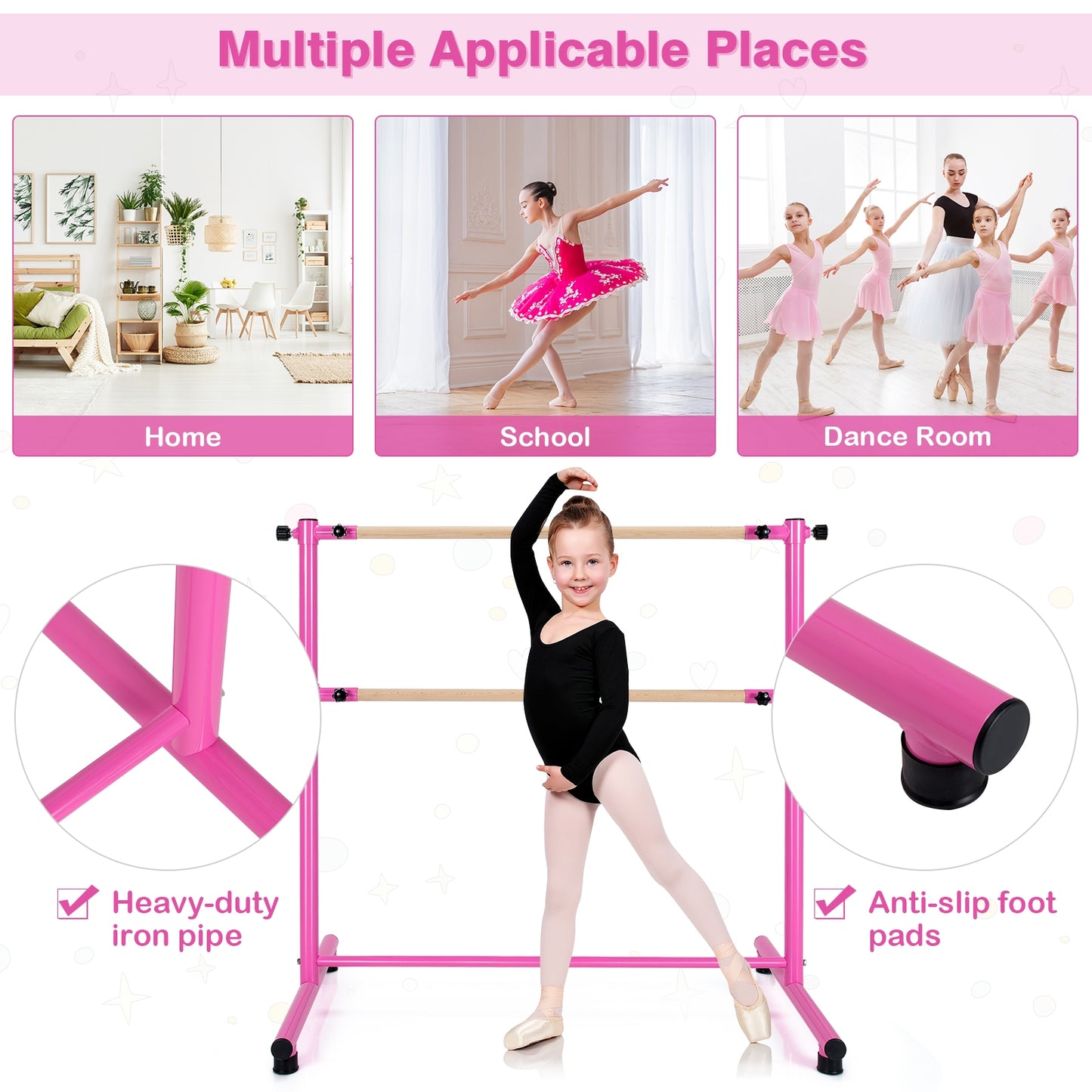 47 Inch Double Ballet Barre with Anti-Slip Footpads-Pink Kids Crystal