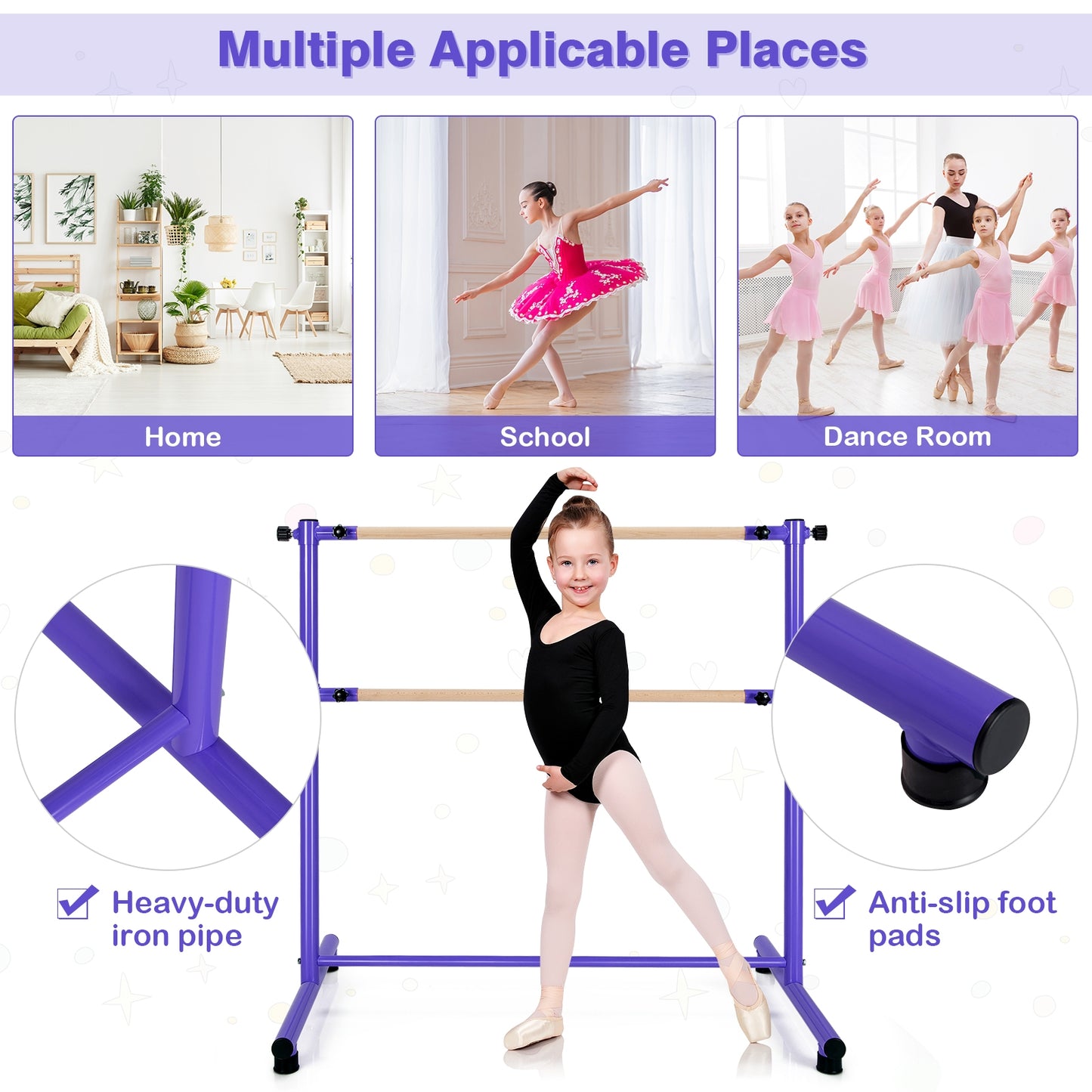 47 Inch Double Ballet Barre with Anti-Slip Footpads-Purple Kids Crystal
