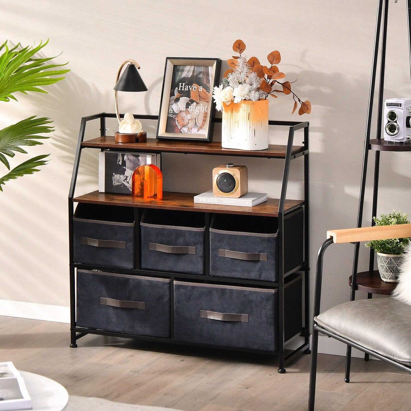 5 Drawers Storage Dresser with Fabric Bin for Living Room Bedroom-Black Kids Crystal