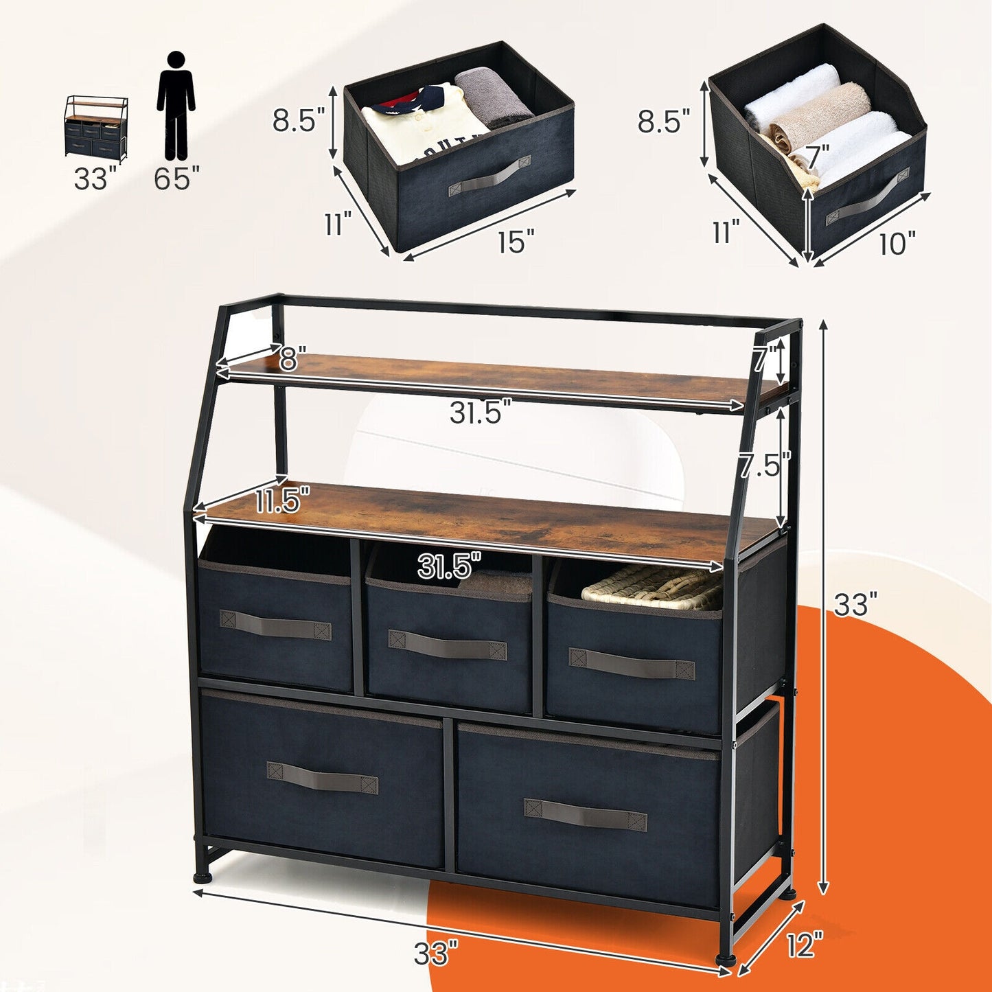 5 Drawers Storage Dresser with Fabric Bin for Living Room Bedroom-Black Kids Crystal