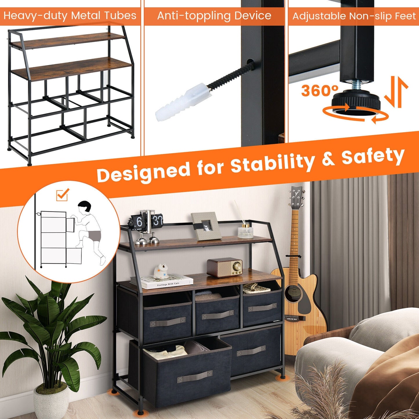 5 Drawers Storage Dresser with Fabric Bin for Living Room Bedroom-Black Kids Crystal