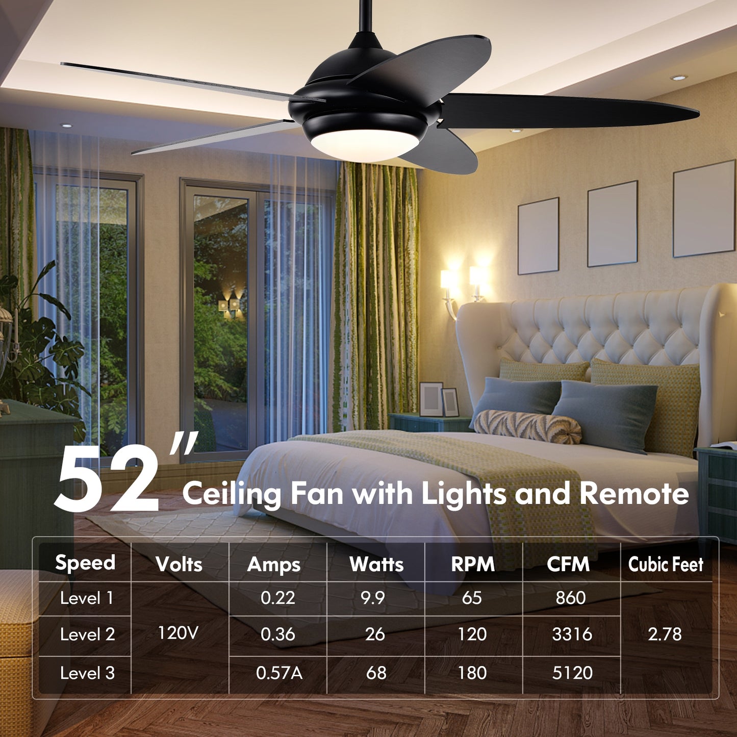 Ceiling Fan with Lights and 3 Lighting Colors-Black Kids Crystal