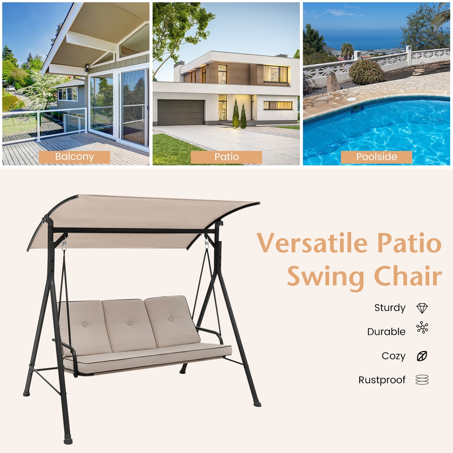 3-Person Outdoor Patio Porch Swing with Adjustable Canopy and 900 Lbs Weight Capacity Kids Crystal