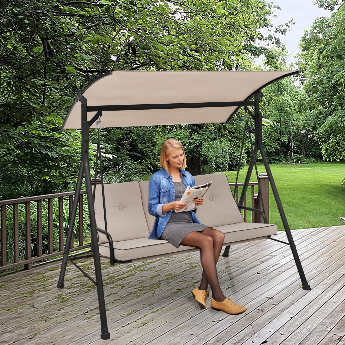 3-Person Outdoor Patio Porch Swing with Adjustable Canopy and 900 Lbs Weight Capacity Kids Crystal