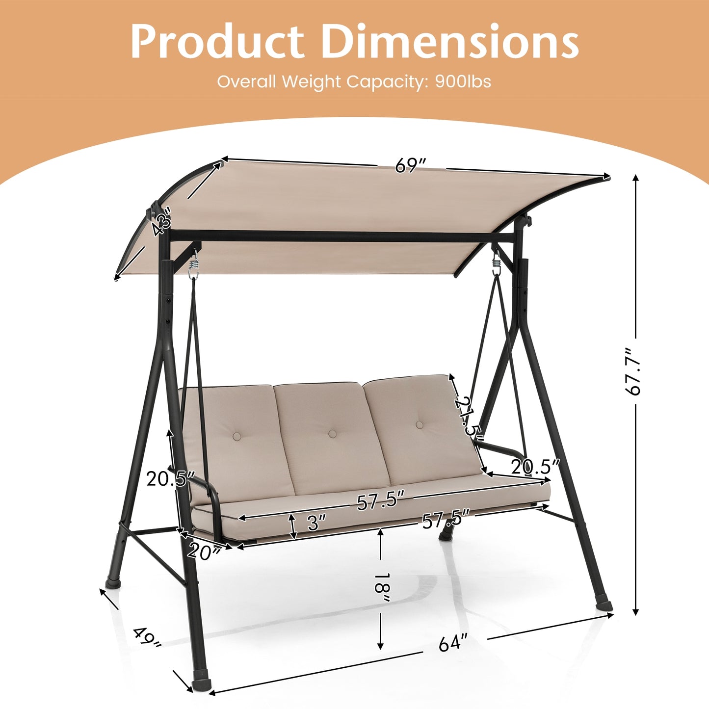 3-Person Outdoor Patio Porch Swing with Adjustable Canopy and 900 Lbs Weight Capacity Kids Crystal