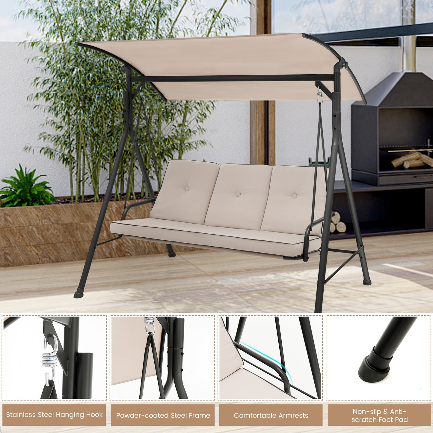 3-Person Outdoor Patio Porch Swing with Adjustable Canopy and 900 Lbs Weight Capacity Kids Crystal