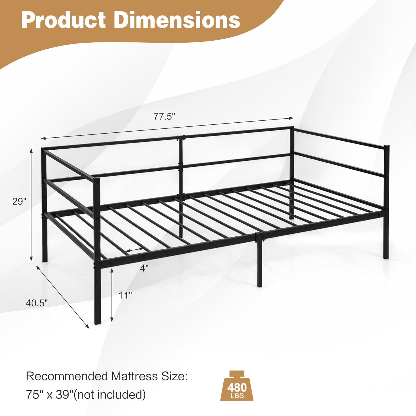 Twin Size Metal Daybed Frame for Living Room Bedroom Kids Crystal