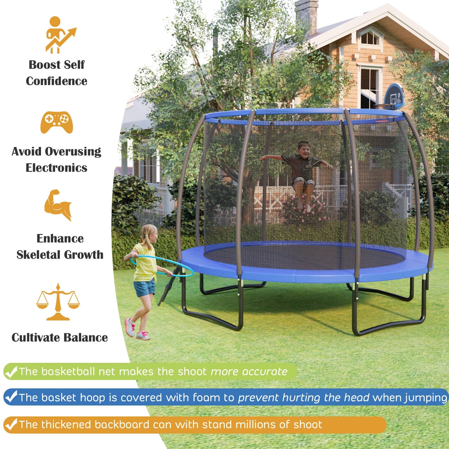 8/10 Feet Recreational Trampoline with Basketball Hoop-10 ft Kids Crystal