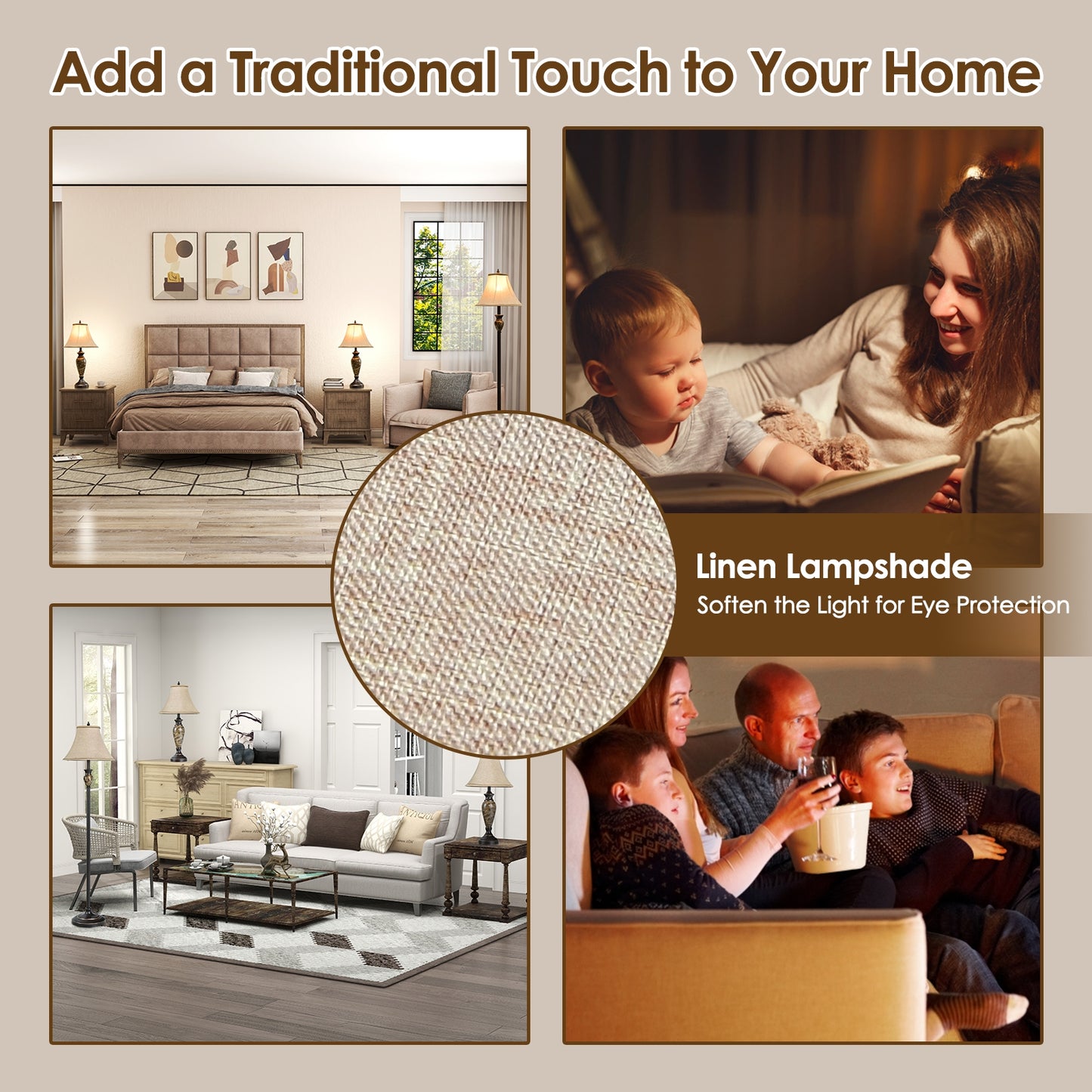 3-Piece Table and Floor Lamp Set with Linen Fabric Lamp Shades Kids Crystal