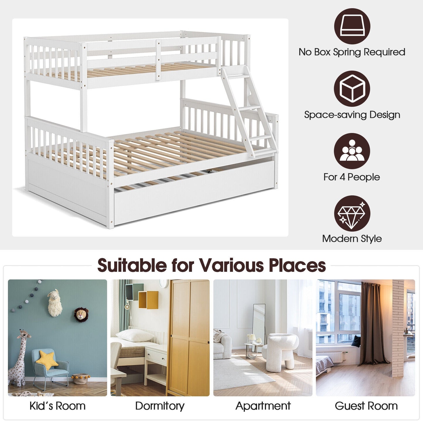 Twin Over Full Convertible Bunk Bed with Twin Trundle-White Kids Crystal