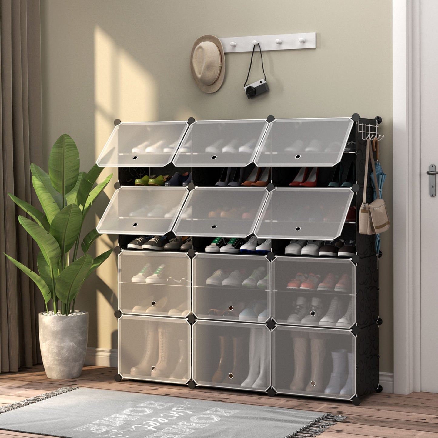 12-Cube 48 Pairs Portable Shoe Shelves with Hook-Black Kids Crystal