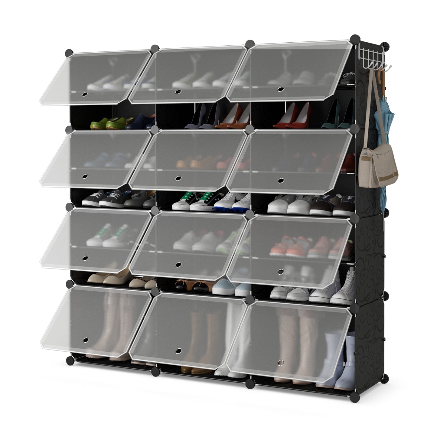 12-Cube 48 Pairs Portable Shoe Shelves with Hook-Black Kids Crystal