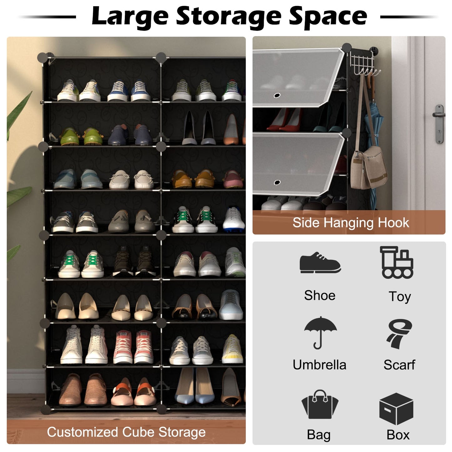 12-Cube 48 Pairs Portable Shoe Shelves with Hook-Black Kids Crystal