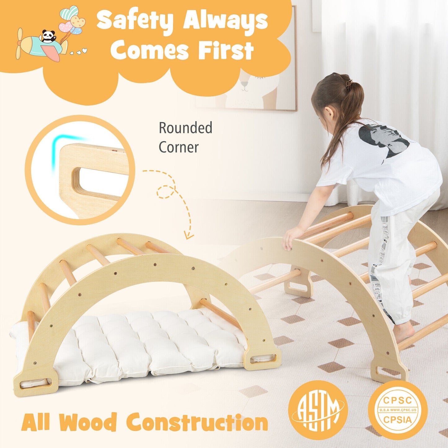 2-in-1 Arch Rocker with Soft Cushion for Toddlers-Natural Kids Crystal