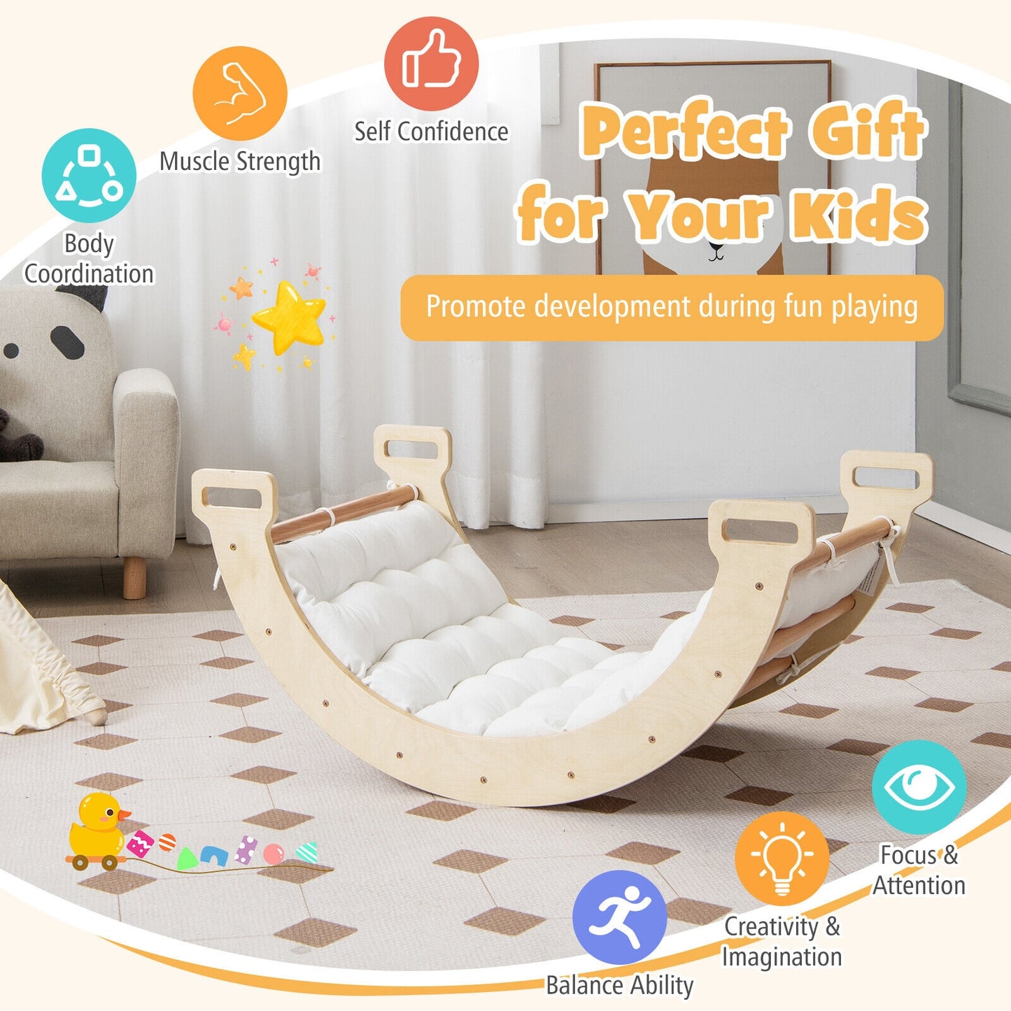 2-in-1 Arch Rocker with Soft Cushion for Toddlers-Natural Kids Crystal