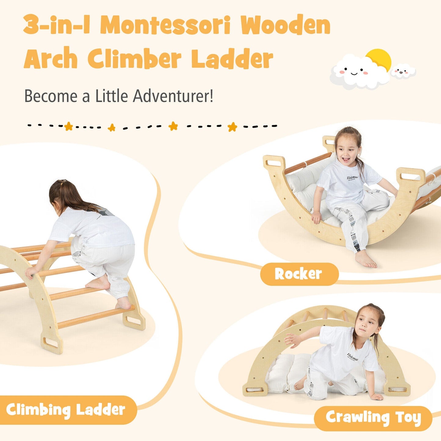 2-in-1 Arch Rocker with Soft Cushion for Toddlers-Natural Kids Crystal