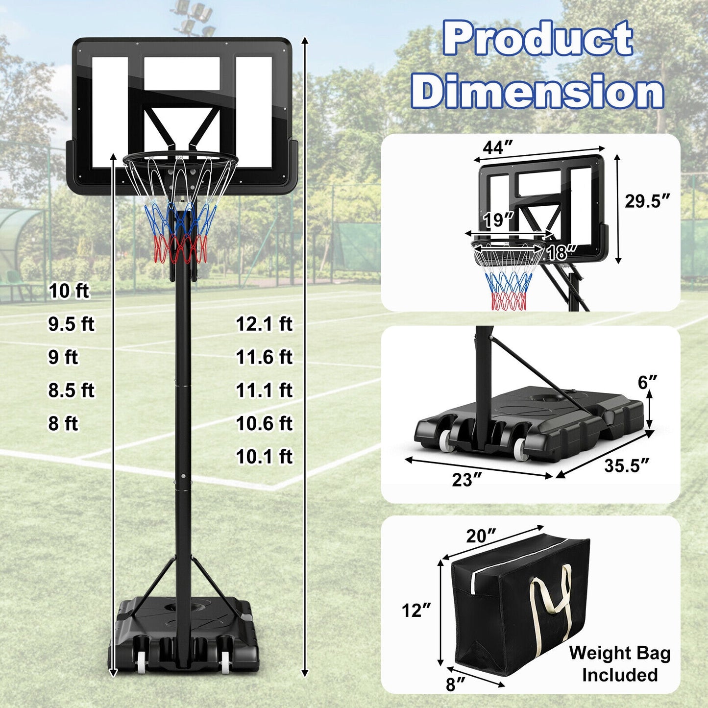 Portable Basketball Hoop with 4.6 to 10 Feet 10-Level Height Adjustable Kids Crystal