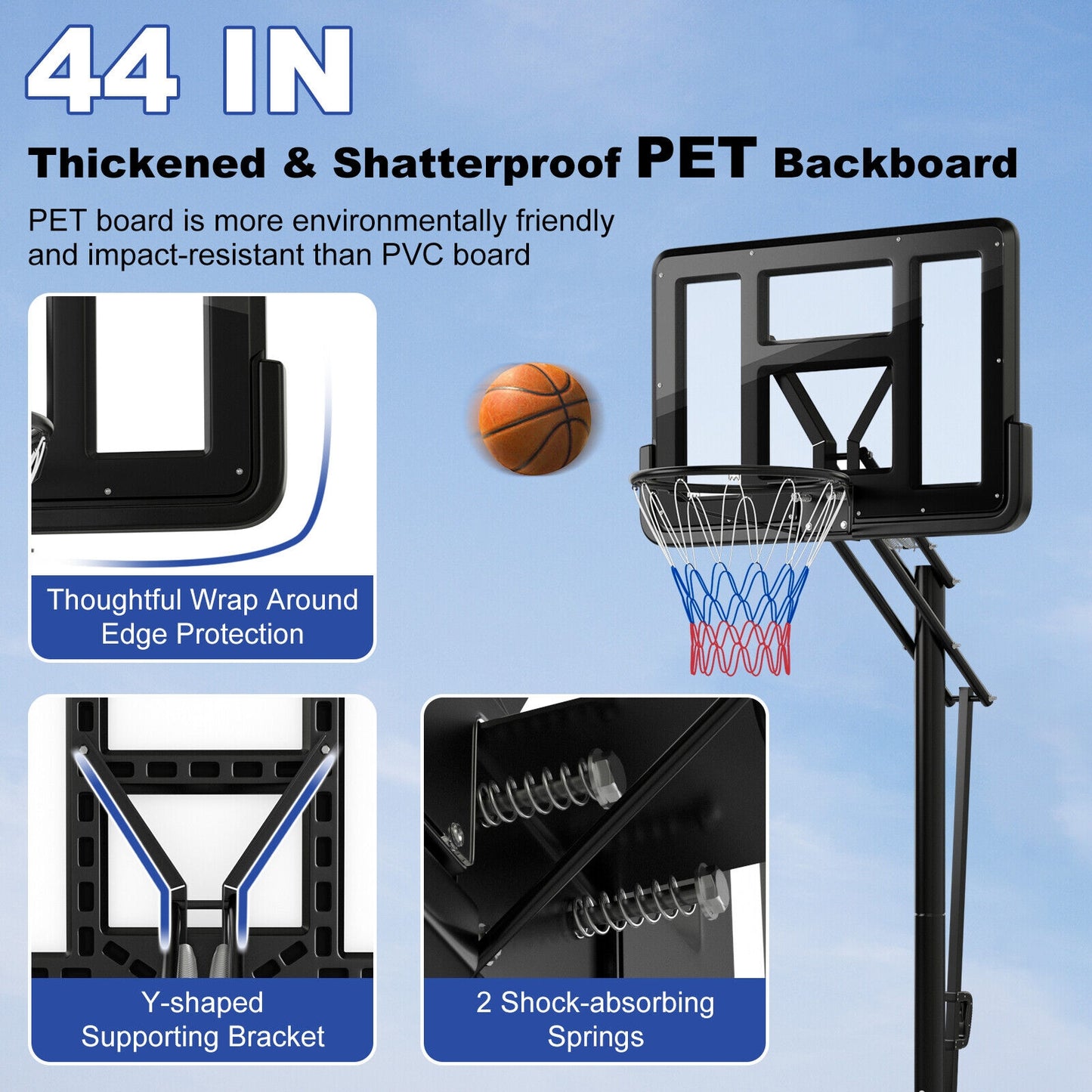 Portable Basketball Hoop with 4.6 to 10 Feet 10-Level Height Adjustable Kids Crystal