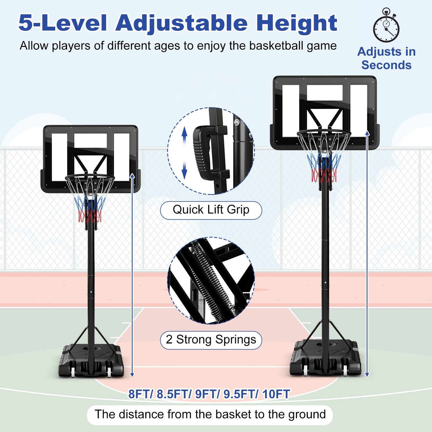 Portable Basketball Hoop with 4.6 to 10 Feet 10-Level Height Adjustable Kids Crystal