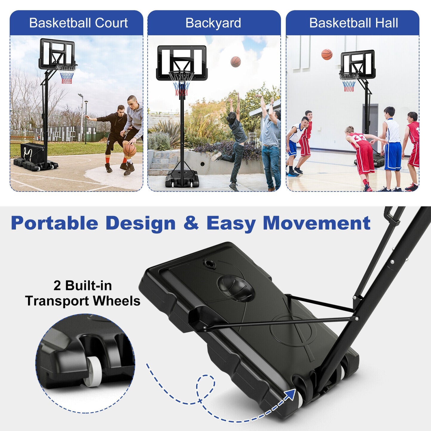 Portable Basketball Hoop with 4.6 to 10 Feet 10-Level Height Adjustable Kids Crystal