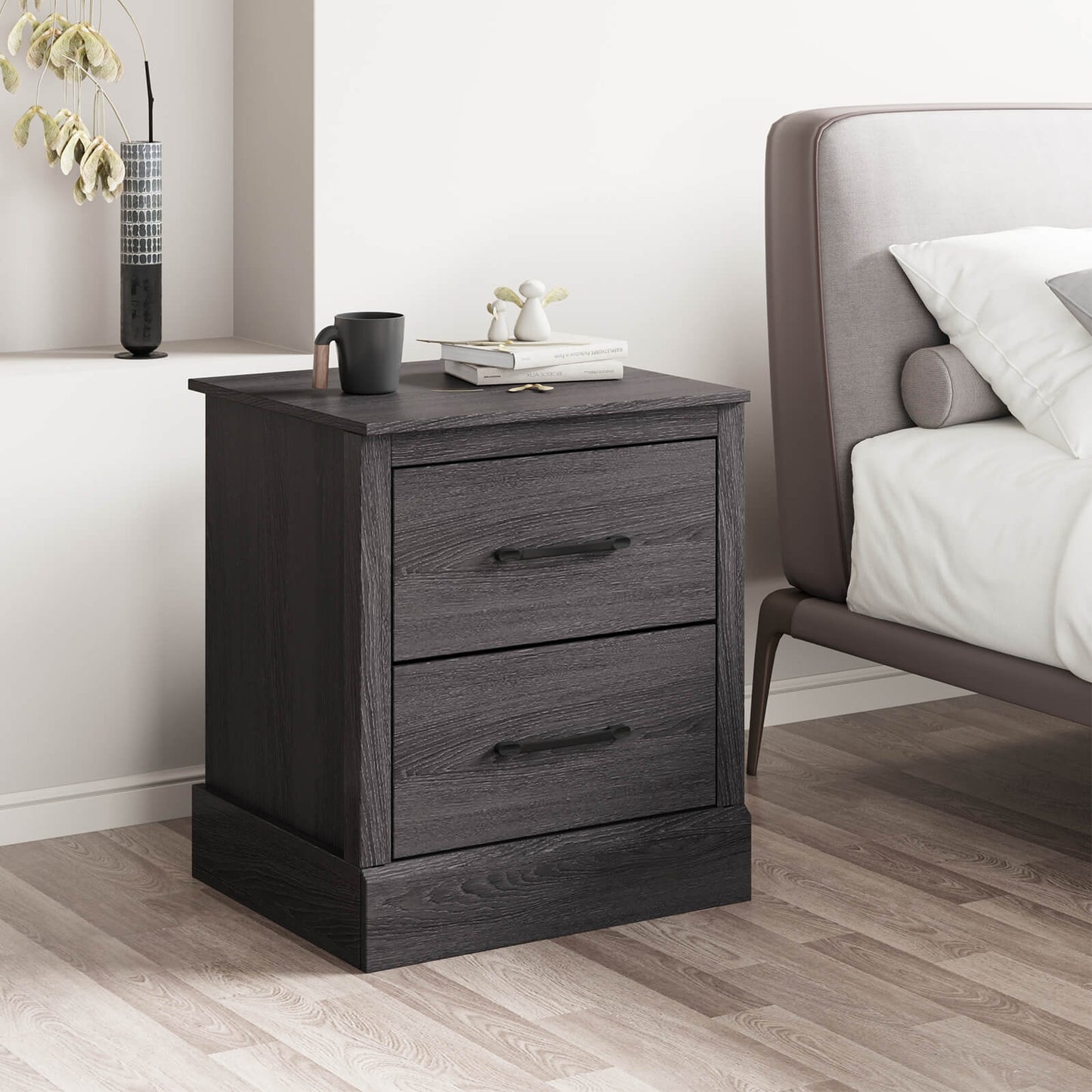 Wood Compact Floor Nightstand with Storage Drawers-Dark Gray Kids Crystal