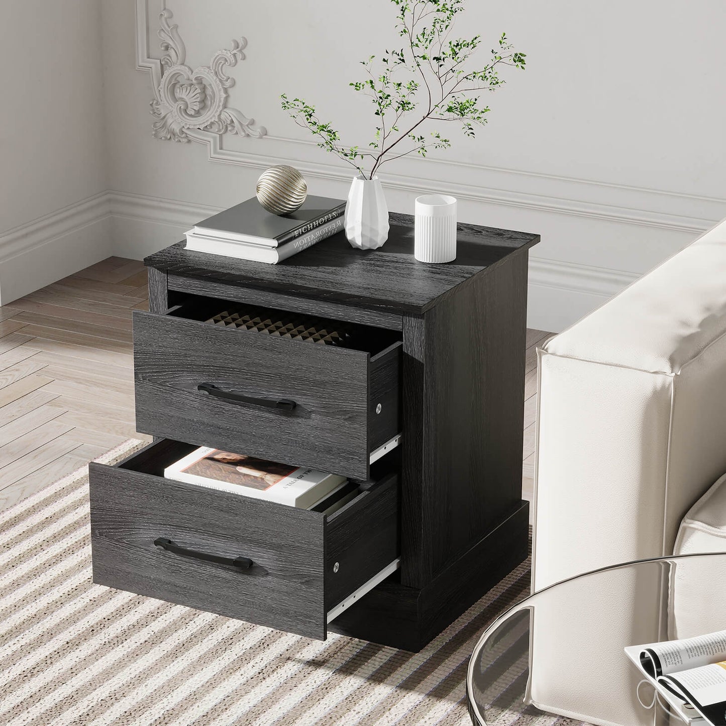 Wood Compact Floor Nightstand with Storage Drawers-Dark Gray Kids Crystal