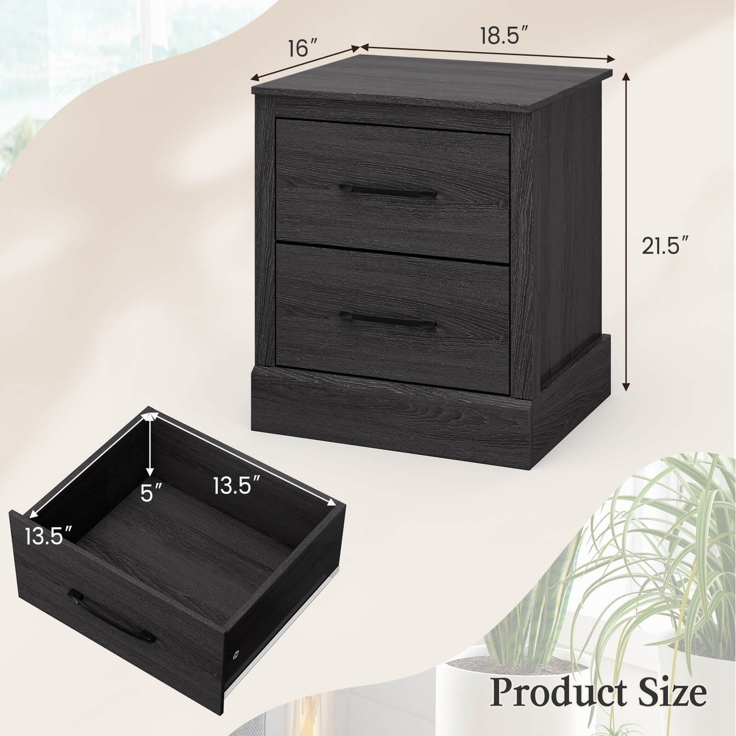 Wood Compact Floor Nightstand with Storage Drawers-Dark Gray Kids Crystal